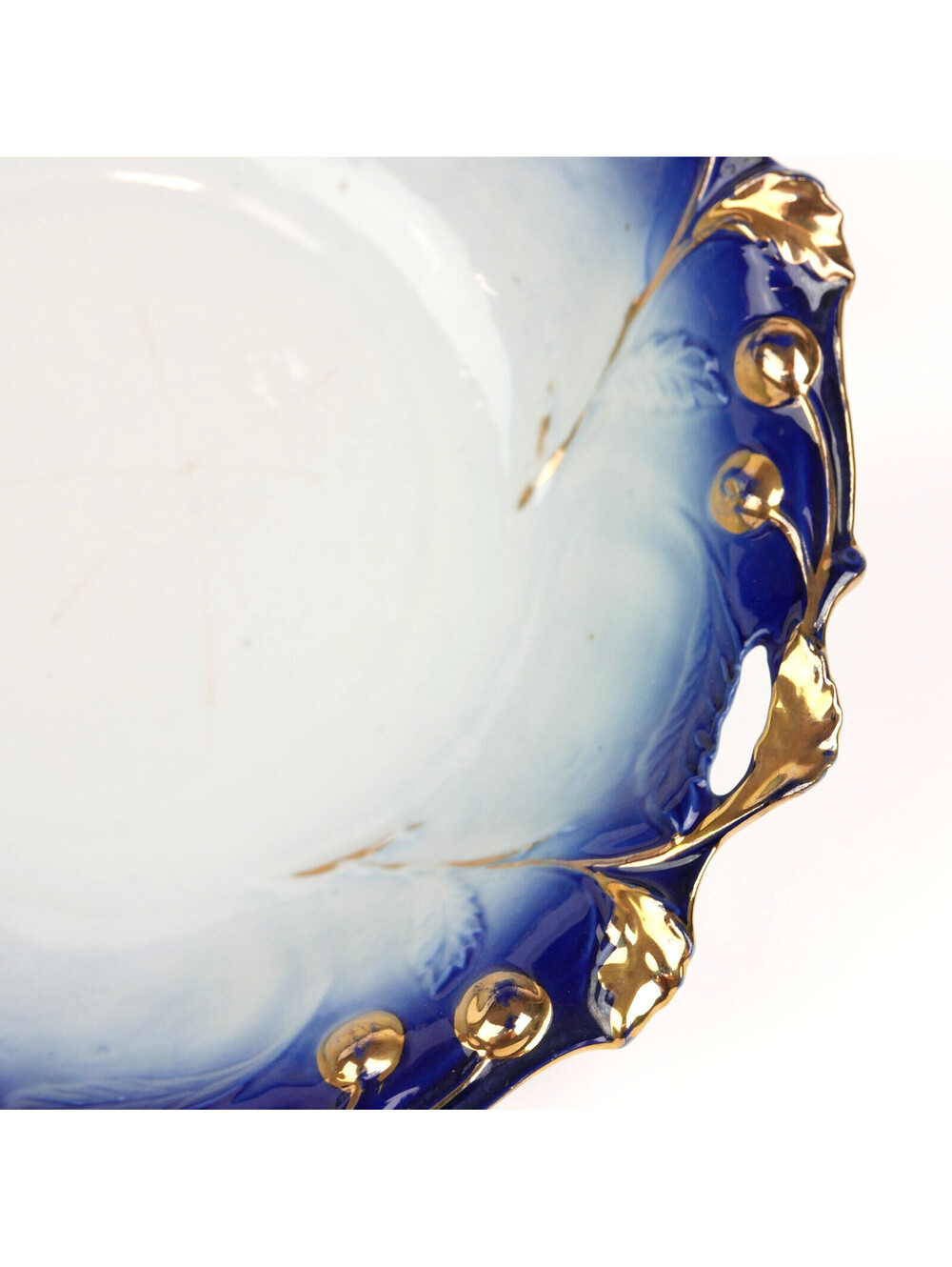 Antique Flow Blue Porcelain Bowl 10.4" Gold Gilt Embossed Cherries Openwork Rim - Picture 6 of 12